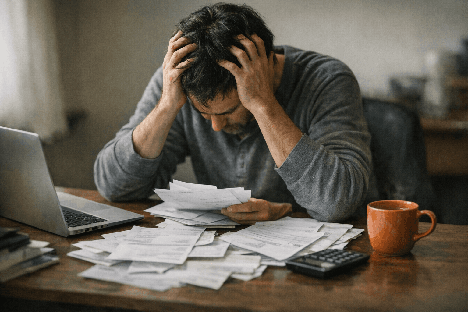 A person overwhelmed by financial documents at a desk.