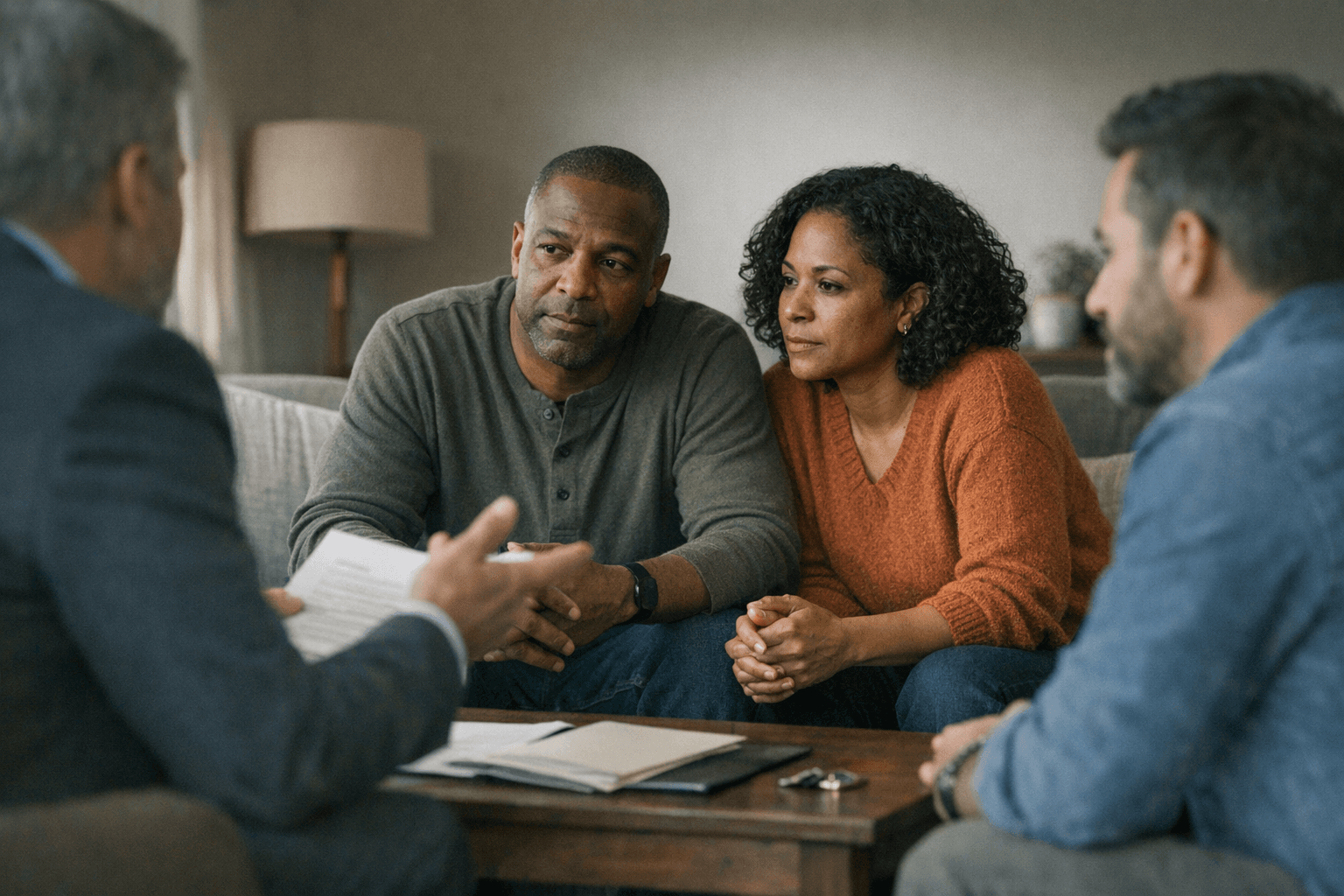 Homeowners discussing mortgage reinstatement