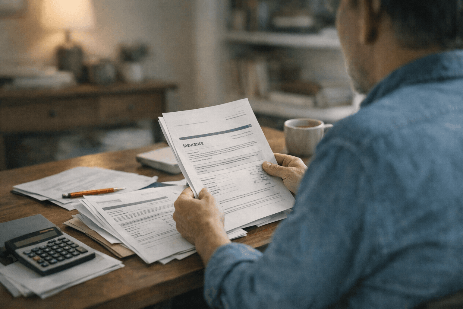 An individual analyzing force-placed insurance documents in their office.